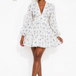 Women Floral Print Mini Dress High Waist A-Line Summer Autumn Long Sleeve V Neck Dresses Vintage Beach Vacation Casual Vestidos