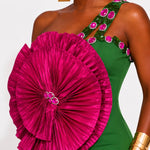 La BOSS Boutique One Shoulder Floral Fan Maxi Dress – Luxury Emerald & Fuchsia Statement Evening Gown