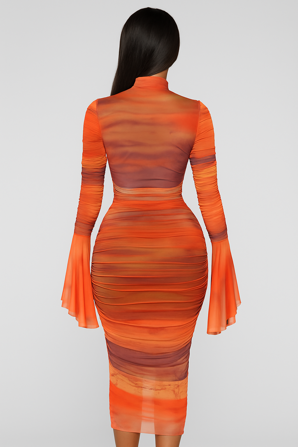 Chaxiaoa Print Flare Sleeve Sexy Maxi Dress for Women Elegant High Waist Ruched Bodycon Club Party Female Fashion Long Dress