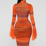 Chaxiaoa Print Flare Sleeve Sexy Maxi Dress for Women Elegant High Waist Ruched Bodycon Club Party Female Fashion Long Dress