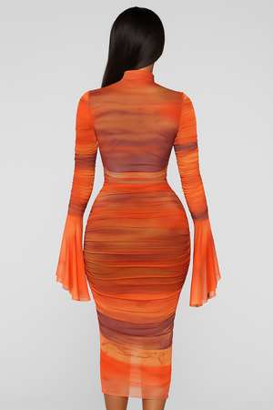 Chaxiaoa Print Flare Sleeve Sexy Maxi Dress for Women Elegant High Waist Ruched Bodycon Club Party Female Fashion Long Dress