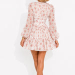 Women Floral Print Mini Dress High Waist A-Line Summer Autumn Long Sleeve V Neck Dresses Vintage Beach Vacation Casual Vestidos
