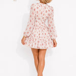 Women Floral Print Mini Dress High Waist A-Line Summer Autumn Long Sleeve V Neck Dresses Vintage Beach Vacation Casual Vestidos