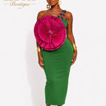 La BOSS Boutique One Shoulder Floral Fan Maxi Dress – Luxury Emerald & Fuchsia Statement Evening Gown