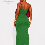 La BOSS Boutique One Shoulder Floral Fan Maxi Dress – Luxury Emerald & Fuchsia Statement Evening Gown