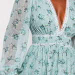 Women Floral Print Mini Dress High Waist A-Line Summer Autumn Long Sleeve V Neck Dresses Vintage Beach Vacation Casual Vestidos