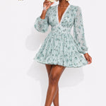 Women Floral Print Mini Dress High Waist A-Line Summer Autumn Long Sleeve V Neck Dresses Vintage Beach Vacation Casual Vestidos