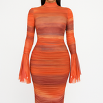 Chaxiaoa Print Flare Sleeve Sexy Maxi Dress for Women Elegant High Waist Ruched Bodycon Club Party Female Fashion Long Dress