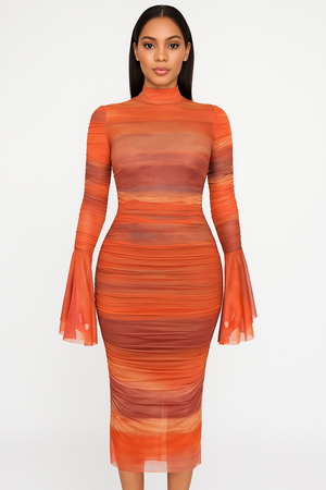 Chaxiaoa Print Flare Sleeve Sexy Maxi Dress for Women Elegant High Waist Ruched Bodycon Club Party Female Fashion Long Dress