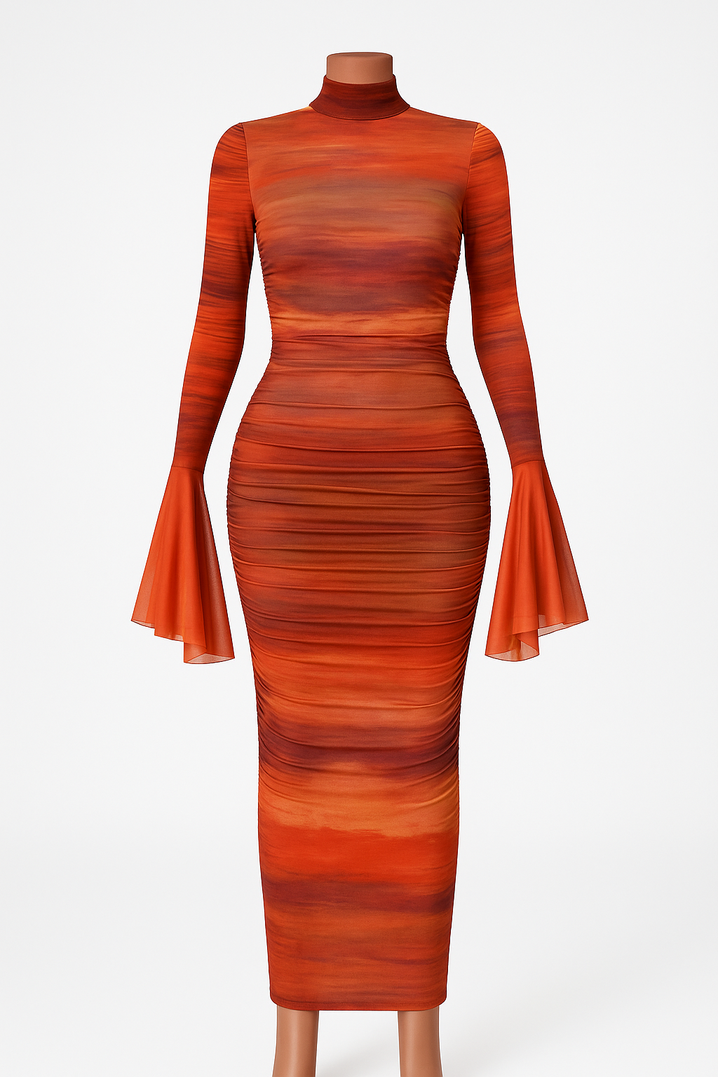 Chaxiaoa Print Flare Sleeve Sexy Maxi Dress for Women Elegant High Waist Ruched Bodycon Club Party Female Fashion Long Dress