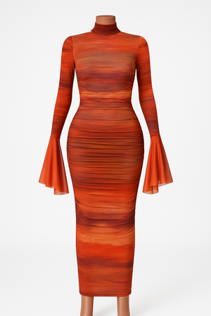 Chaxiaoa Print Flare Sleeve Sexy Maxi Dress for Women Elegant High Waist Ruched Bodycon Club Party Female Fashion Long Dress