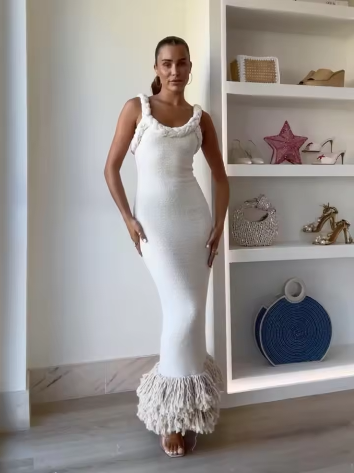 Tassels Hem Twist Strap Knitted Dress Women Sleeveless Backless Slim High Waist Dresses Female Holiday Evening Bodycon Robe