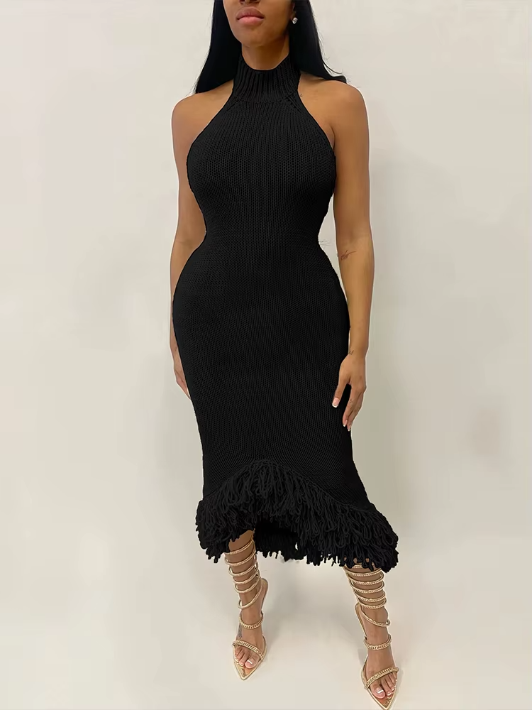 Weird Puss Knit Backless Dress Women Sleeveless Halter Summer Sexy Tassel Irregular Hem Clubwear Stretch Hipster Party Vestidos