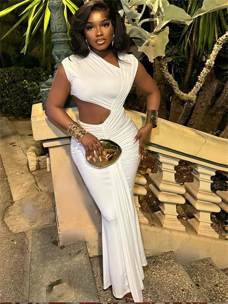 Weird Puss Cross Ruched Dress Women Irregular Diagonal Collar Hollow Waistless Sleeveless Ruched Street Trend Sexy Long Bodycon