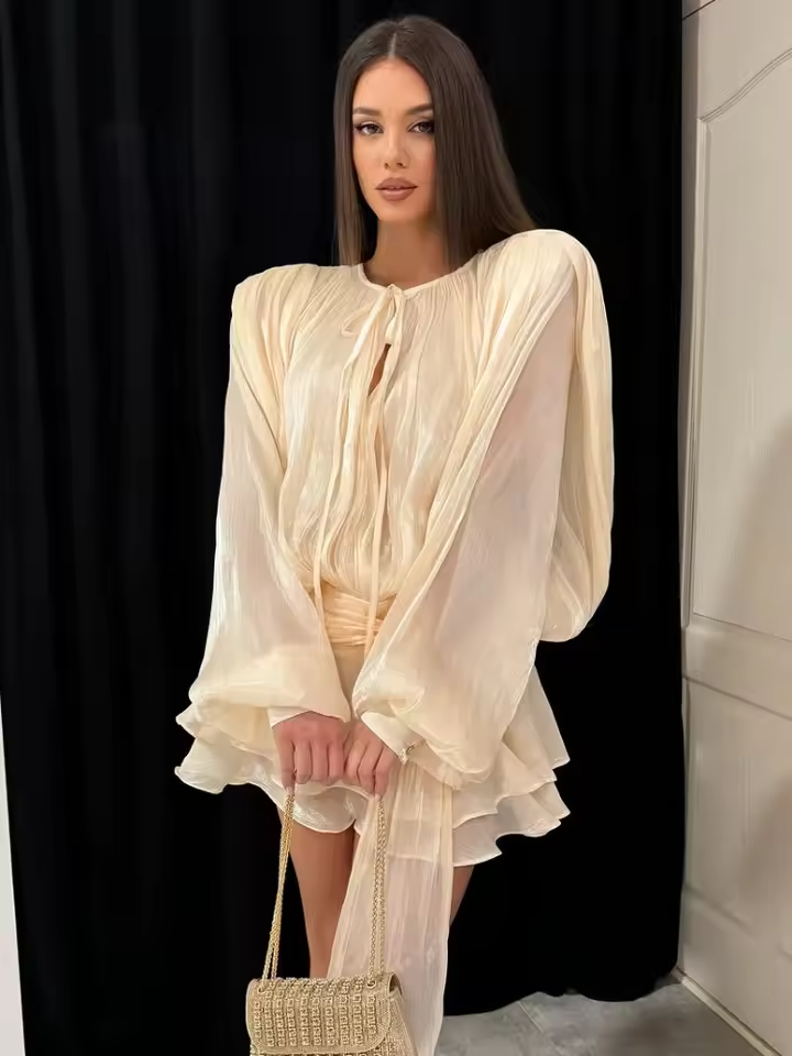 Chic Ruffle Bow Lace Up Women Mini Dresses Elegant Solid Mesh Full Sleeved Backless Pleated Prom Dresses 2025 Lady Party Robe