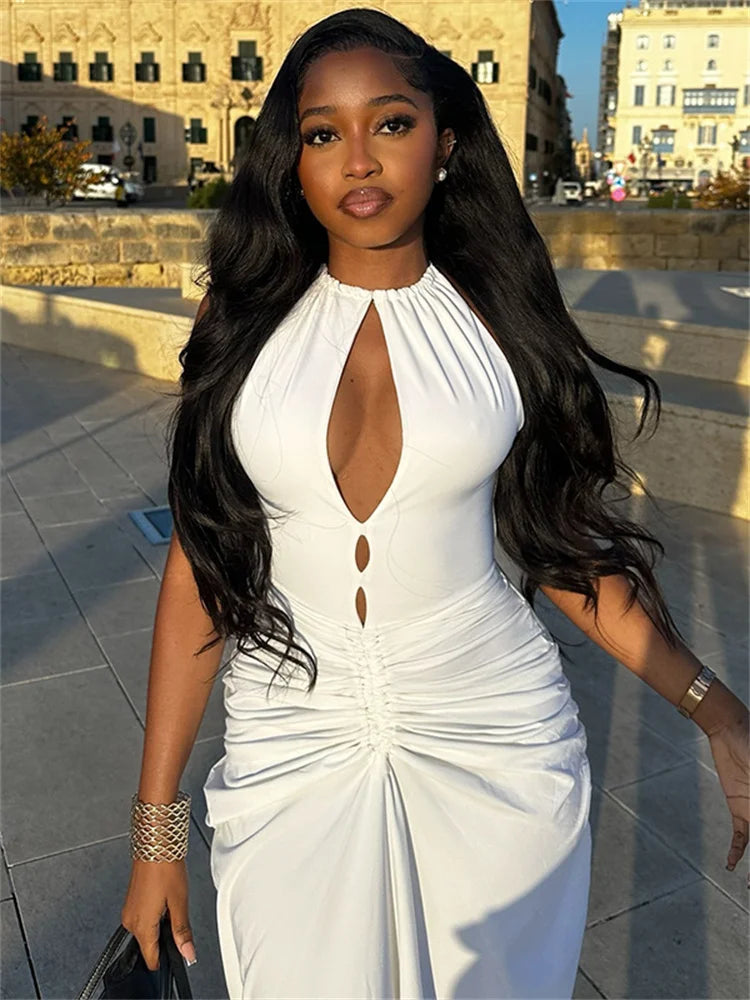 Weird Puss Sexy Hollow Dress Women Lace-Up Halter Sleeveless Ruched Elegant Robe Hottie Skinny Stretch Streetwear Long Bodycon