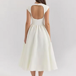 Casual Simple Solid Color Commuting Dress Women O-neck High Waist Pleated Party Dress New 2025 Backless Hollow Beach Long Dress