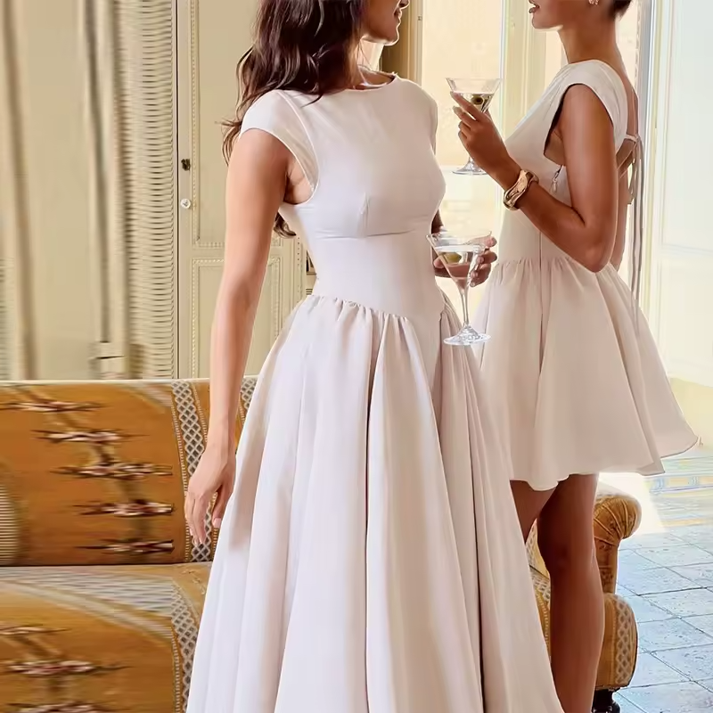 Casual Simple Solid Color Commuting Dress Women O-neck High Waist Pleated Party Dress New 2025 Backless Hollow Beach Long Dress