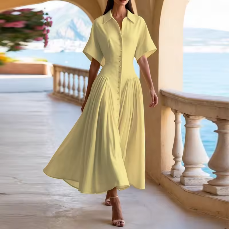 Modigirl Woman Summer Elegant Midi Dresses 2025 High Waist Lapel Neck Short Sleeves Buttoned Flowy A Line Shirt Dress for Women