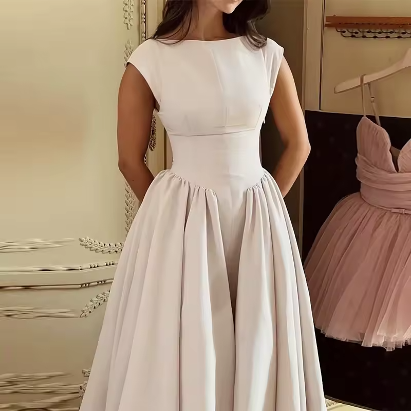 Casual Simple Solid Color Commuting Dress Women O-neck High Waist Pleated Party Dress New 2025 Backless Hollow Beach Long Dress