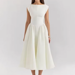 Casual Simple Solid Color Commuting Dress Women O-neck High Waist Pleated Party Dress New 2025 Backless Hollow Beach Long Dress