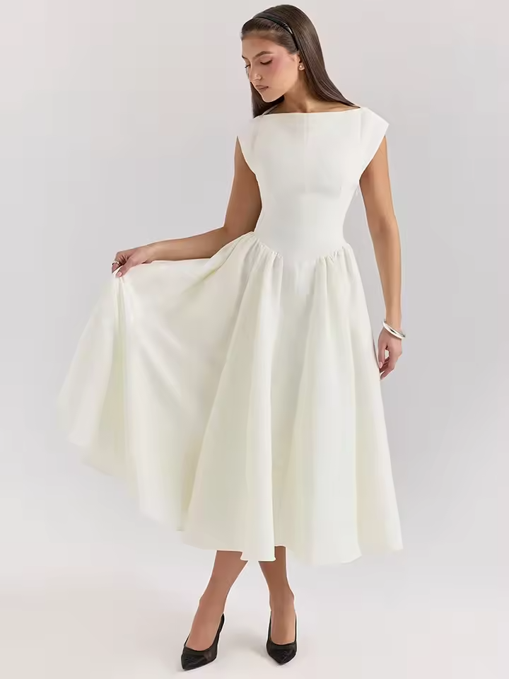 Casual Simple Solid Color Commuting Dress Women O-neck High Waist Pleated Party Dress New 2025 Backless Hollow Beach Long Dress
