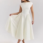 Casual Simple Solid Color Commuting Dress Women O-neck High Waist Pleated Party Dress New 2025 Backless Hollow Beach Long Dress