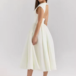 Casual Simple Solid Color Commuting Dress Women O-neck High Waist Pleated Party Dress New 2025 Backless Hollow Beach Long Dress