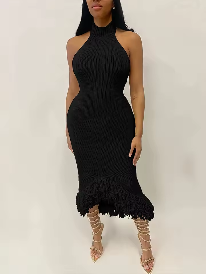 Weird Puss Knit Backless Dress Women Sleeveless Halter Summer Sexy Tassel Irregular Hem Clubwear Stretch Hipster Party Vestidos