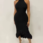 Weird Puss Knit Backless Dress Women Sleeveless Halter Summer Sexy Tassel Irregular Hem Clubwear Stretch Hipster Party Vestidos