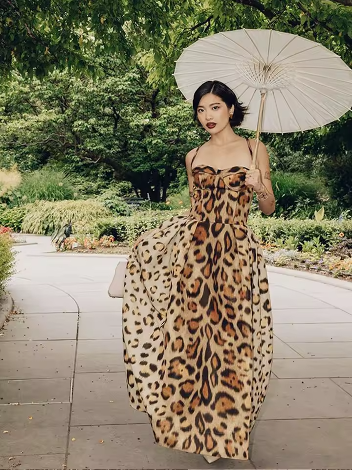 Leopard Print Sleeveless Sling Dress For Women Fashion Chic Backless A Line Dresses 2025 Elegant Female High Street Vestidos