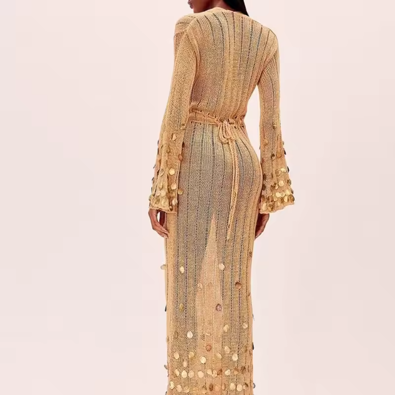 Shinny Sequin Knitted Maxi Dress Deep Neck Lace Up High Waist Long Robes See Though Party Club Dresses 2025 New Lady Clothing