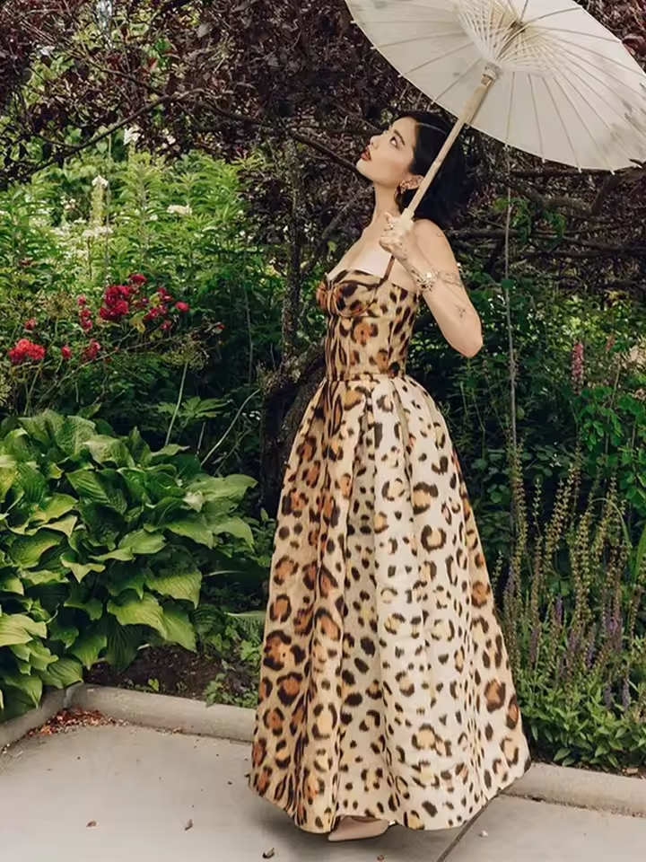 Leopard Print Sleeveless Sling Dress For Women Fashion Chic Backless A Line Dresses 2025 Elegant Female High Street Vestidos