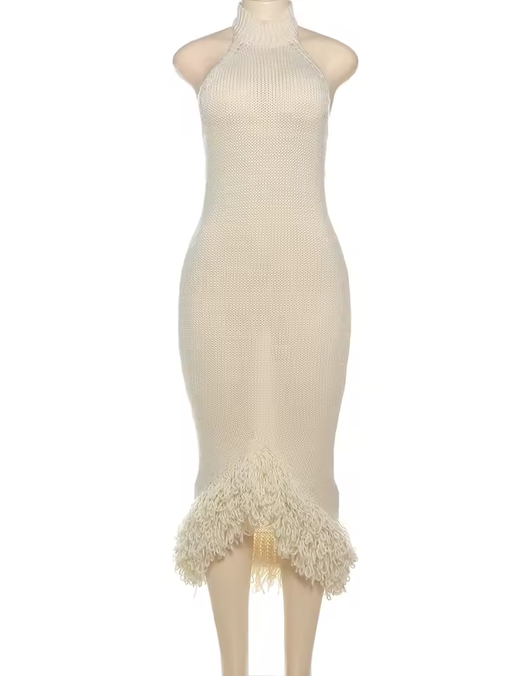 Weird Puss Knit Backless Dress Women Sleeveless Halter Summer Sexy Tassel Irregular Hem Clubwear Stretch Hipster Party Vestidos