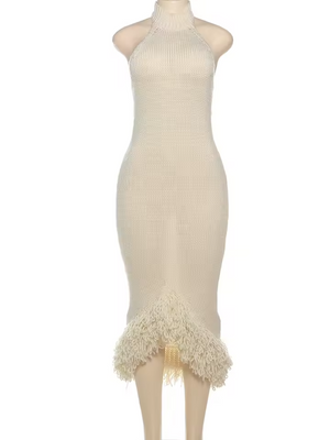 Weird Puss Knit Backless Dress Women Sleeveless Halter Summer Sexy Tassel Irregular Hem Clubwear Stretch Hipster Party Vestidos