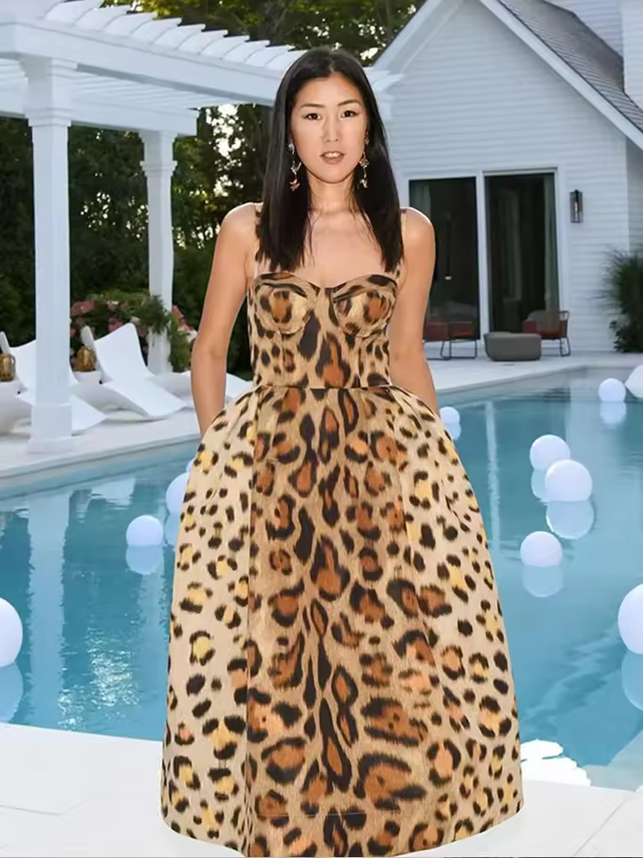 Leopard Print Sleeveless Sling Dress For Women Fashion Chic Backless A Line Dresses 2025 Elegant Female High Street Vestidos