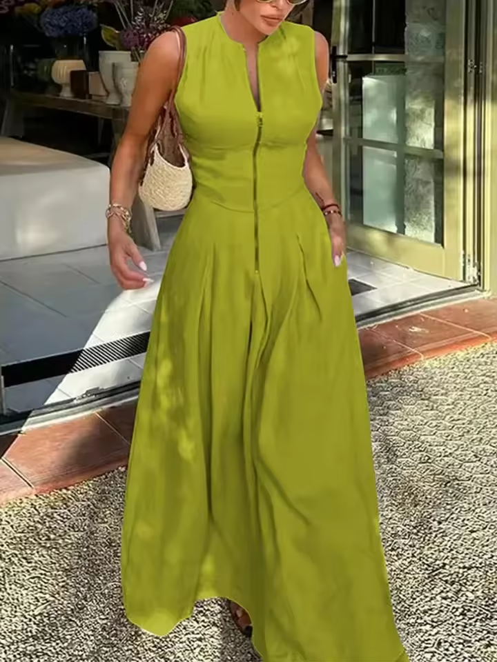 UOOZEE Office Lady Commute Pleated A-line Dress 2025 New Summer Fashion Solid Color Sleeveless Zipper Evening Maxi Dresses