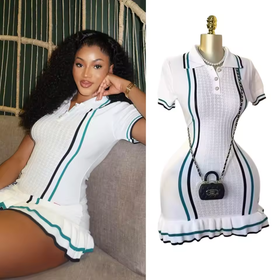 YuooMuoo Chic Fashion Sexy Package Hips Knitted Mini Dress 2025 Summer Vintage Turn-down Collar Ruffled Party Dress Streetrwear